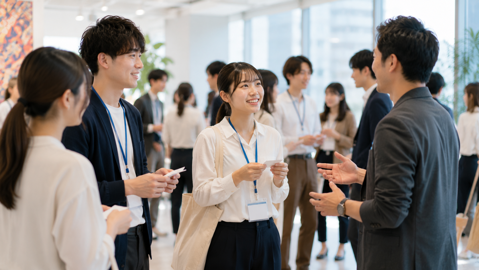 教育インターンの大学生が交流会で名刺を交換し挑戦する様子