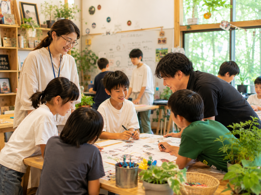 フリースクールの先生やスタッフが、子どもたちと一緒にアイデアを出しながらプロジェクト活動に取り組む様子