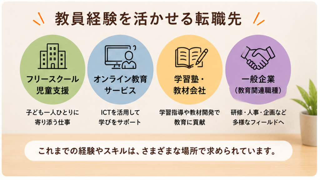 教員経験を活かせる転職先として、フリースクール、オンライン教育、学習塾・教材会社、一般企業を紹介するイメージ