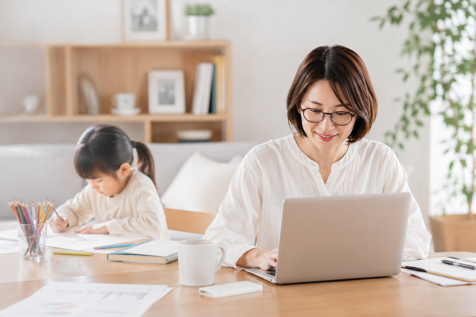 ブランクからの復帰に向けて、教材づくりをしながら自分に合った働き方を考える様子
