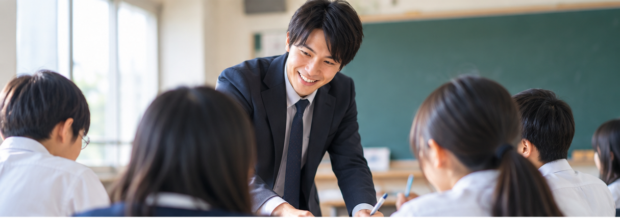 教員免許を活かし、学校の講師として子どもに声をかける先生（イメージ）