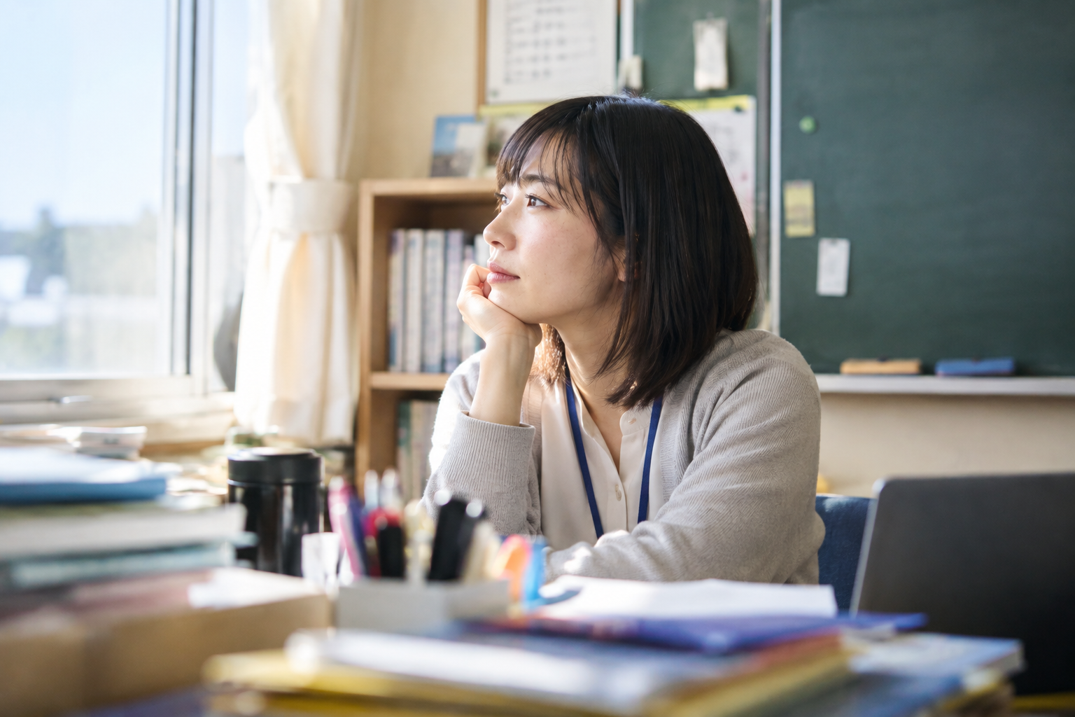 求人情報を見ながら、フリースクール職員の仕事内容を調べる人のイメージ