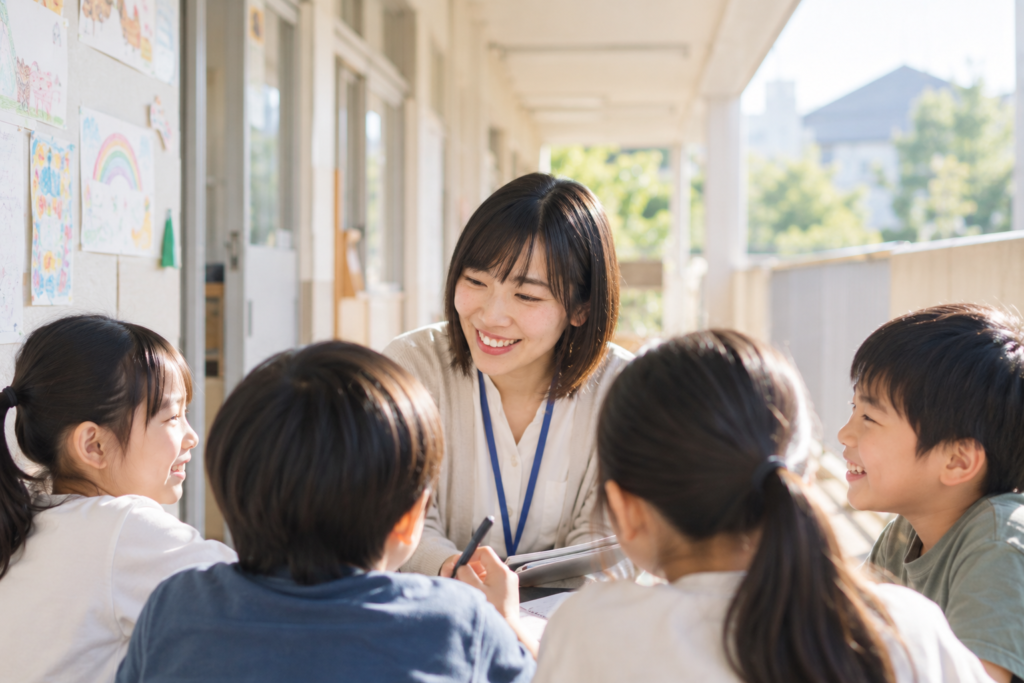 教員の理想と現実の間で、休み時間に子どもの話をじっくり聞く若い先生のイメージ