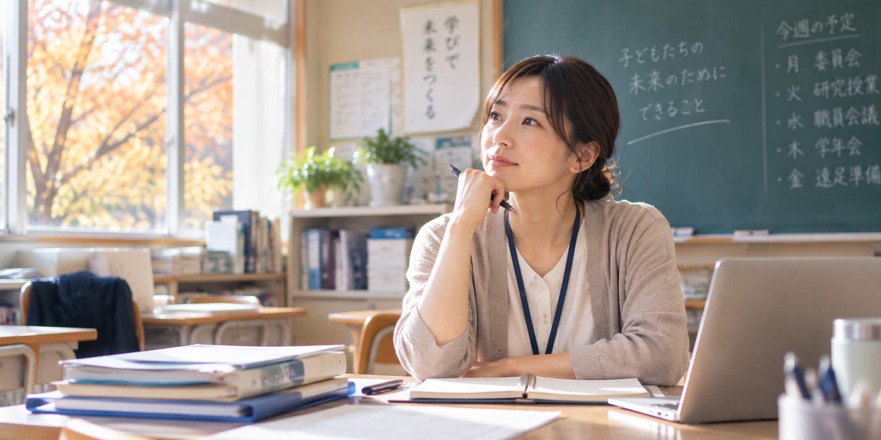 秋に教員の転職や来年度のキャリアについて考える女性教師