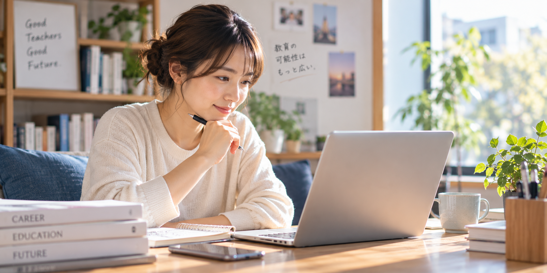 教員からの転職先や学校以外の働き方をパソコンで調べる女性
