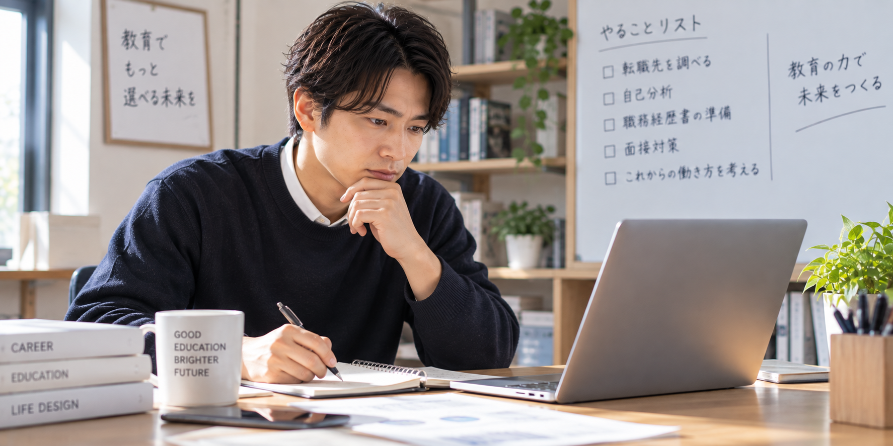 教員からの転職に向けてパソコンとノートで準備する男性