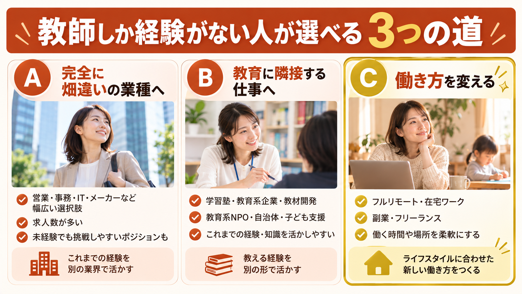 教師しか経験がない人が選べる3つの道の比較