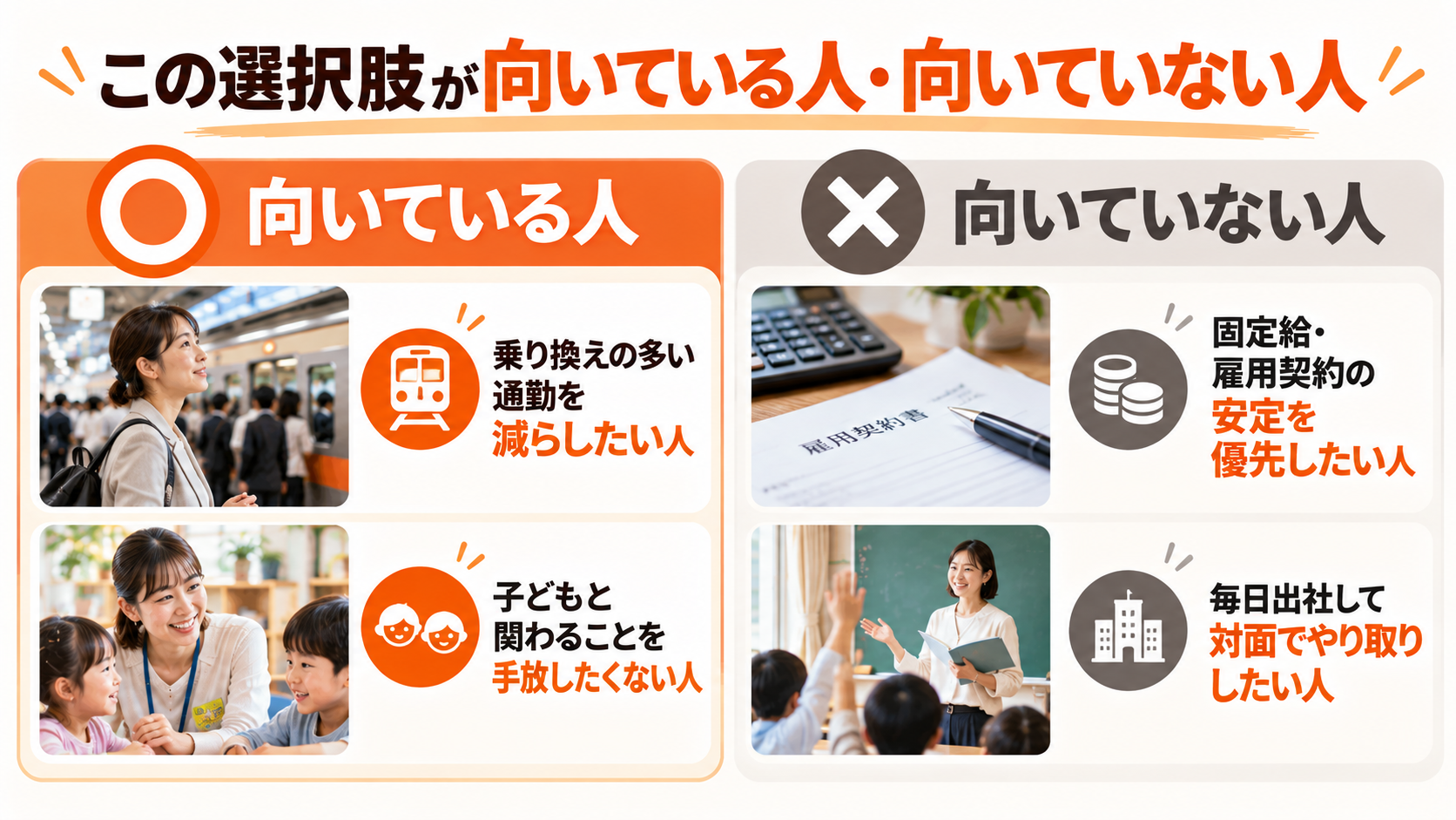 この選択肢が向いている人：乗り換えの多い通勤を減らしたい人、子どもと関わることを手放したくない人。向いていない人：固定給・雇用の安定を優先したい人、毎日出社して対面でやり取りしたい人