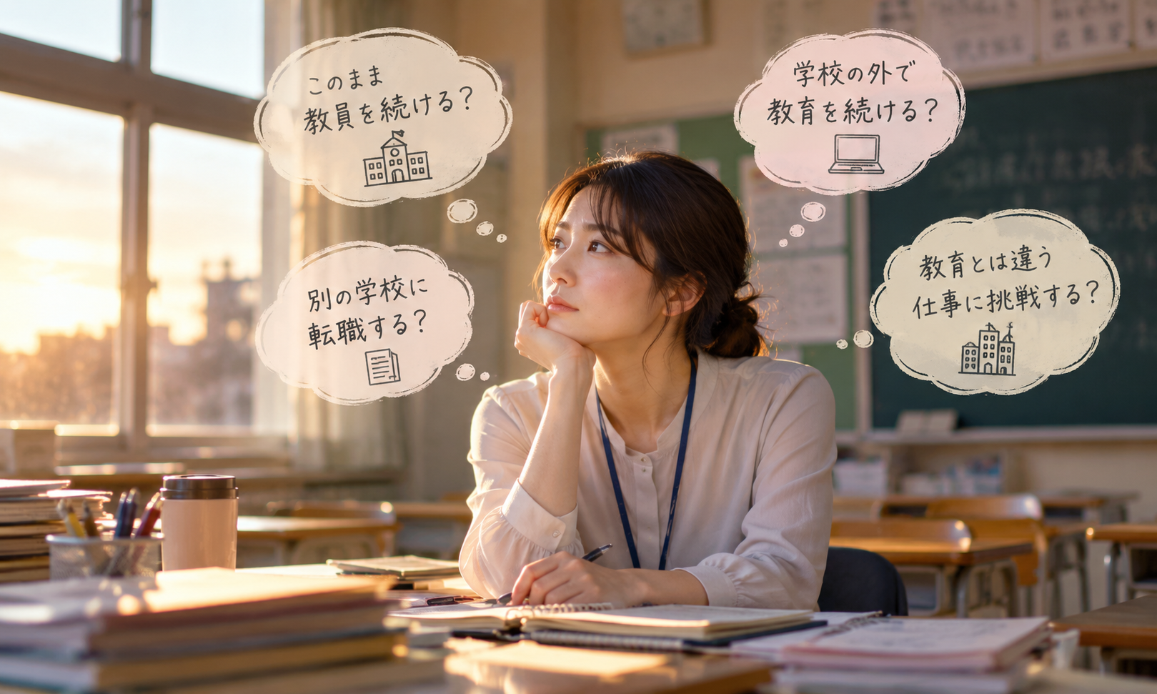 秋の放課後の教室で教員を続けるか転職するか考える女性教師