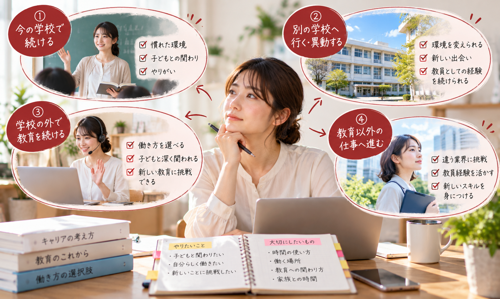 教員を続けるか学校外の教育や別業界へ進むか4つのキャリアを整理する女性