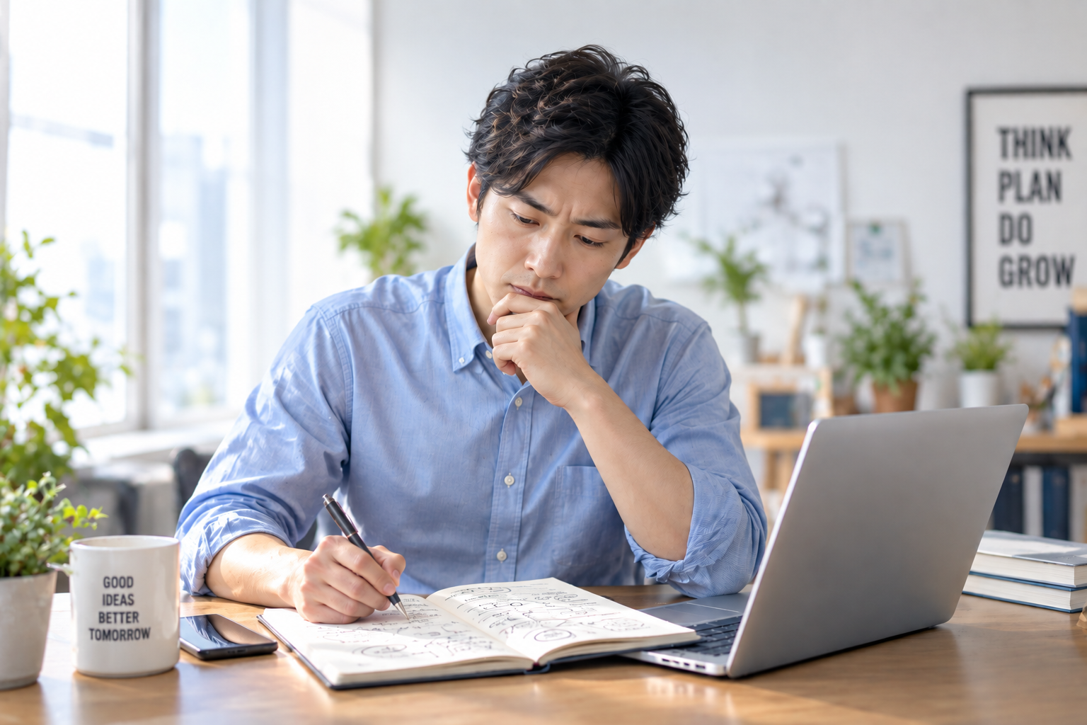 教員の転職先について考えを整理する男性