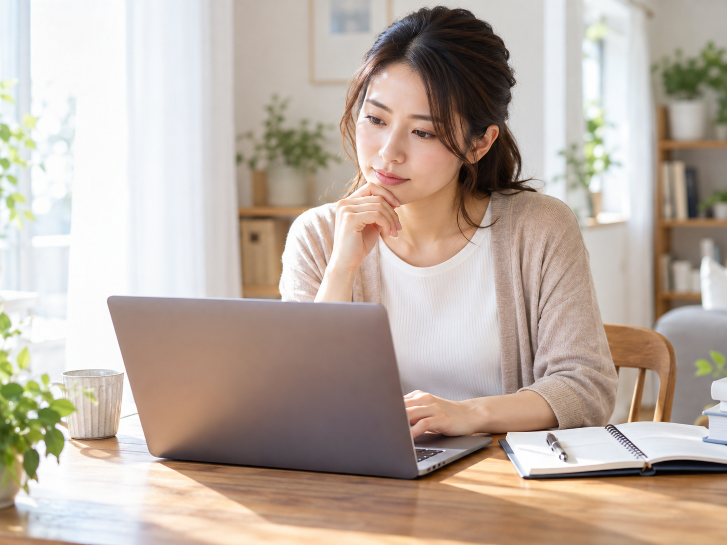自宅でパソコンを見ながら転職先の求人情報を調べる女性