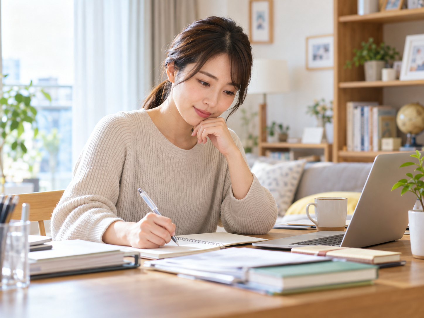 自宅で教員から教育企業への転職を考え、ノートに志望動機を書き出す女性