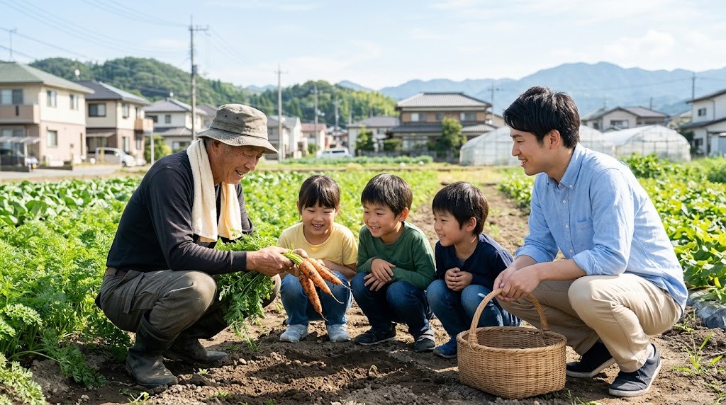 オルタナティブスクールの先生と子どもが、地域の農家の人と畑でにんじんを収穫する場面（イメージ）