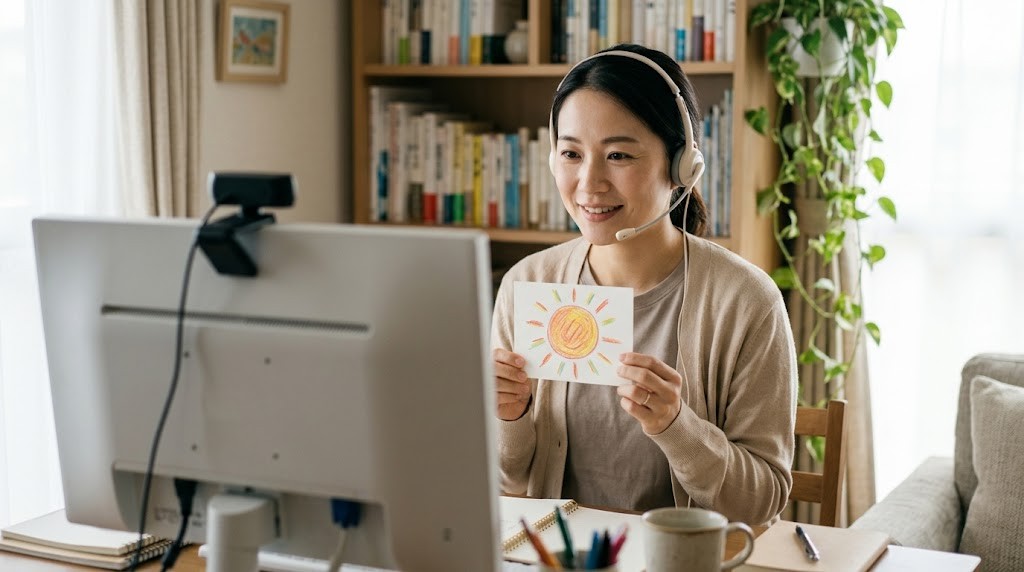 オルタナティブスクールの求人で増えている、自宅からオンライン授業をする先生が絵カードを見せる場面（イメージ）