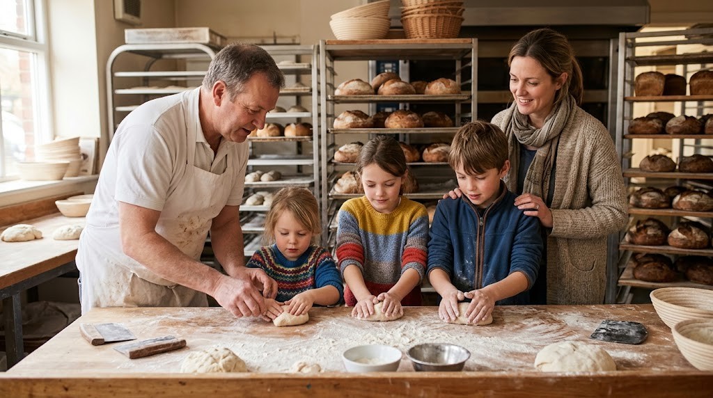 A baker shows three children from a small alternative school how to shape bread dough while their teacher looks on (illustrative image)