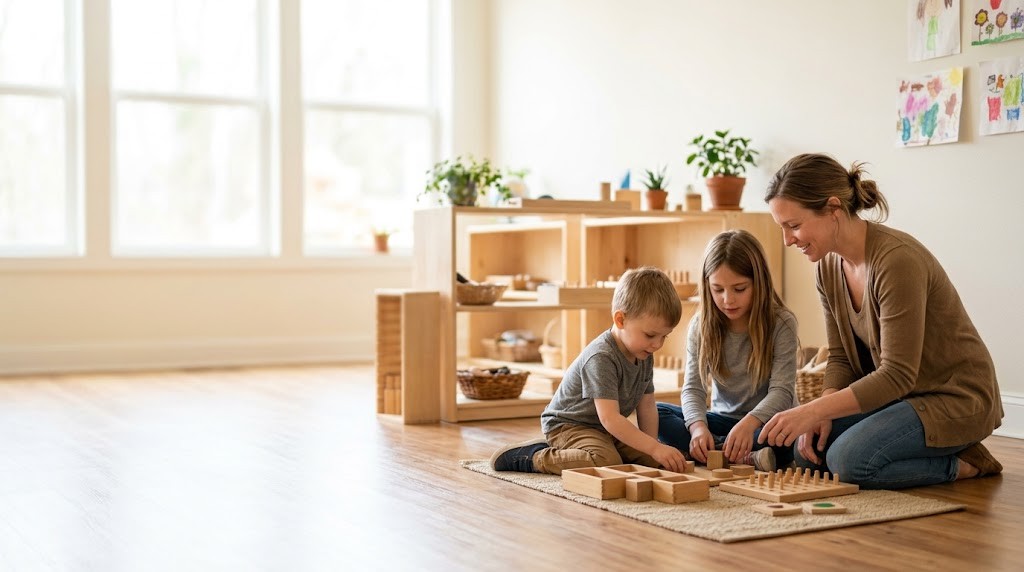 A teacher kneels beside two children of different ages working with wooden materials on a classroom rug (illustrative image)