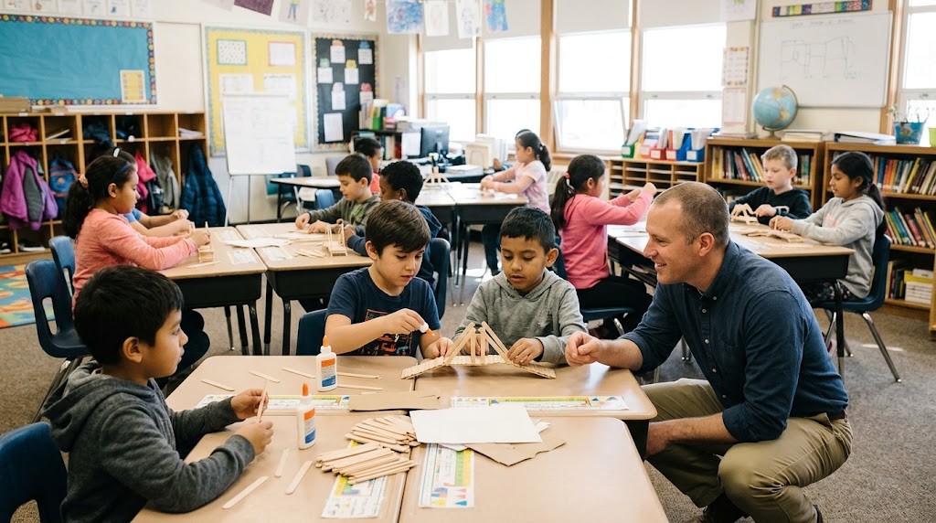 A teacher crouches beside a group of pupils building craft-stick bridges during project time in a conventional classroom (illustrative image)