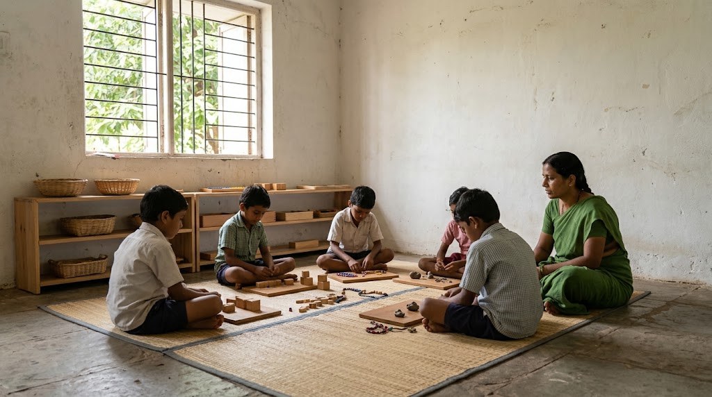 Indian children of different ages work with wooden learning materials on floor mats while a teacher sits beside them (illustrative image)