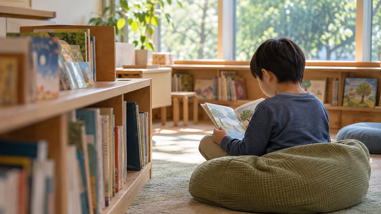 静かな読書コーナーで、自分で選んだ本を読む子どもの後ろ姿
