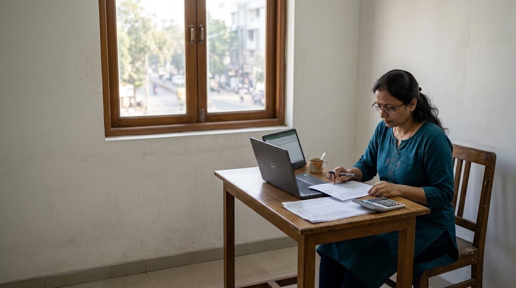 An Indian woman in her forties sits at a desk by a window, comparing printed quotes with a spreadsheet on her laptop (illustrative image)