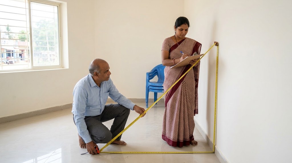 Two Indian adults measure an empty, freshly painted classroom with a tape measure while one writes notes on a clipboard (illustrative image)