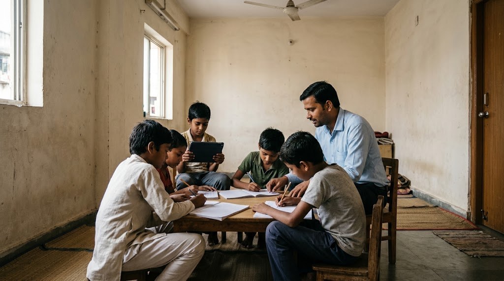 A tutor sits with five children of different ages around a low table in a small rented room, working with notebooks and a tablet (illustrative image)