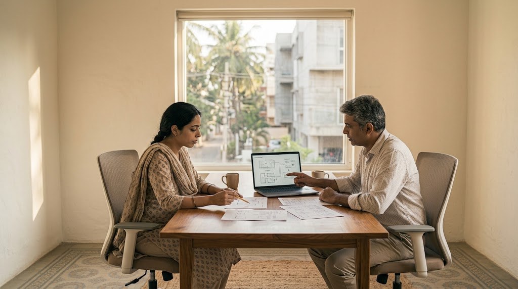 Two Indian education founders, a man and a woman in their forties, compare plans on a laptop at a table in a quiet office (illustrative image)