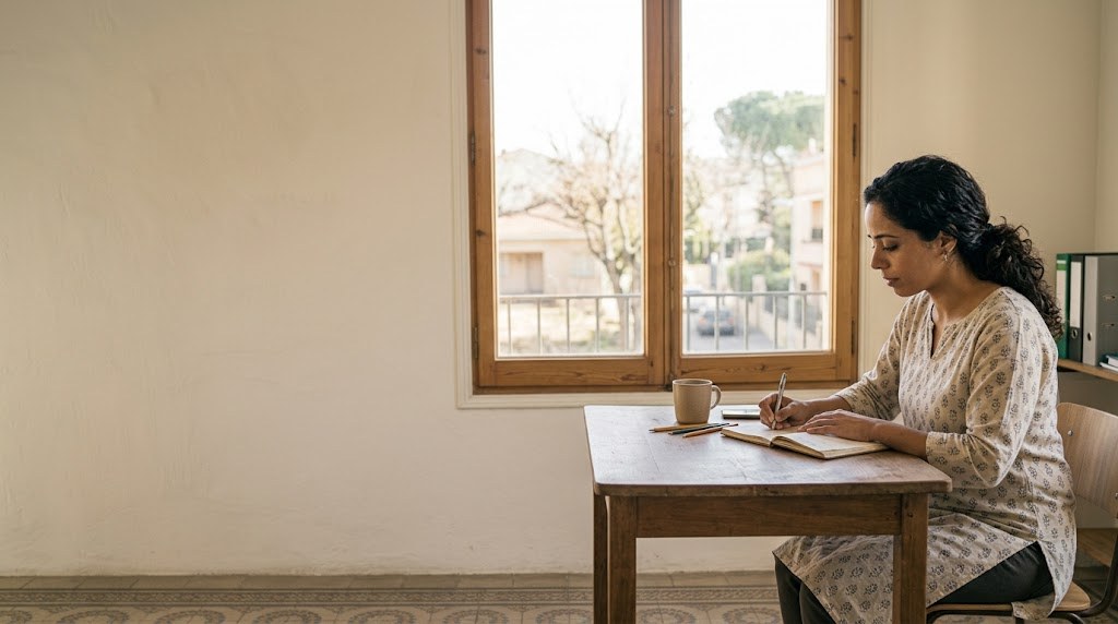 An Indian woman in her thirties sits at a wooden desk by a window, writing notes for a new learning centre in a notebook (illustrative image)