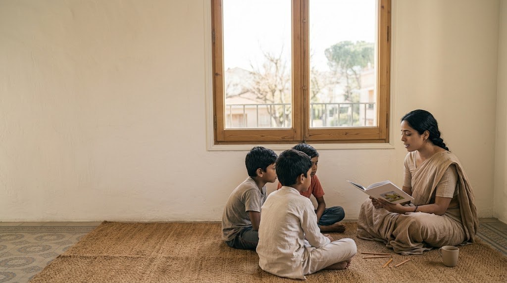 A young Indian teacher reads a picture book with four primary-age children sitting on mats in a plain, sunlit room (illustrative image)