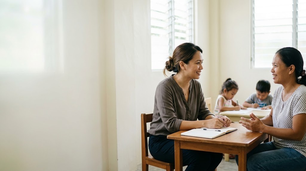 A country lead for an education organization talks with a mother at a small table in a community learning center (illustrative image)