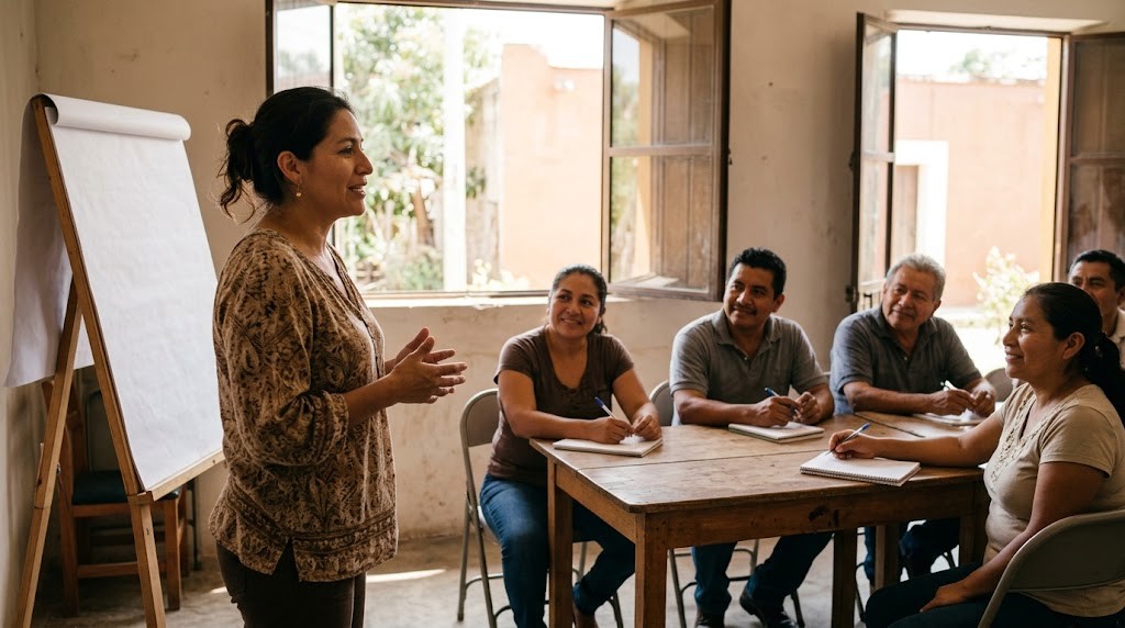 A woman who leads a national education program speaks with conviction to a small group of local teachers in a simple meeting room (illustrative image)