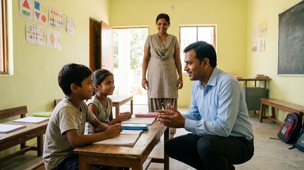 A country lead crouches to talk with two smiling children in a newly opened small classroom while a local teacher looks on (illustrative image)