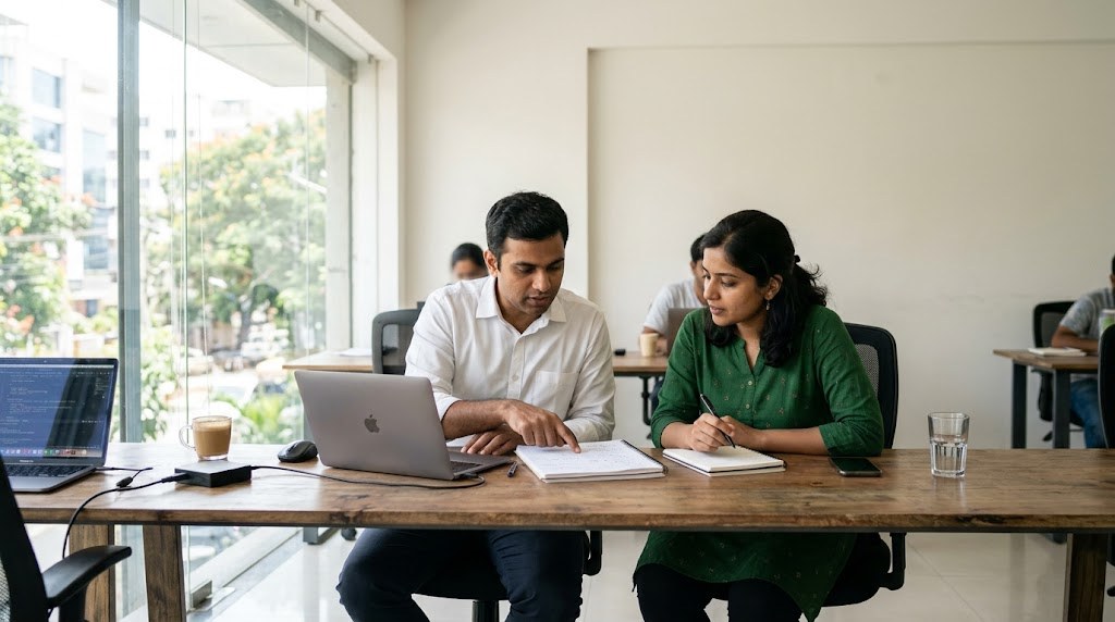 Two Indian co-founders, a man and a woman in their thirties, plan together over a laptop and paper notes at a table in a bright shared workspace (illustrative image)