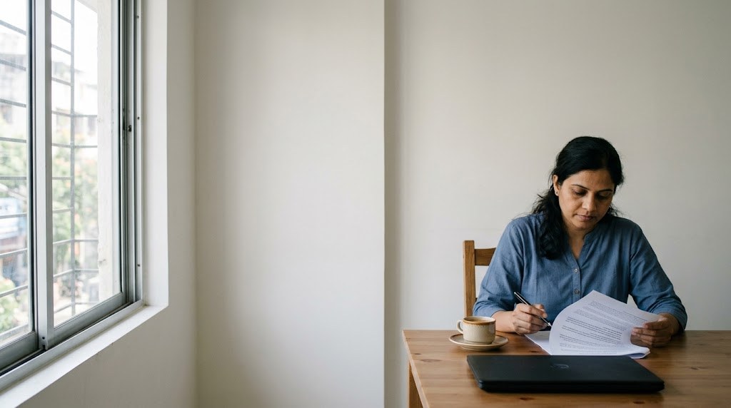 An Indian woman in her late thirties reads a printed agreement with a pen in hand at a desk by a window in a quiet office (illustrative image)