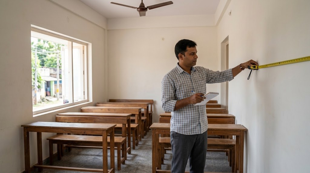 An Indian man in his forties with a tape measure and notebook inspects an empty classroom with wooden desks during a site visit (illustrative image)