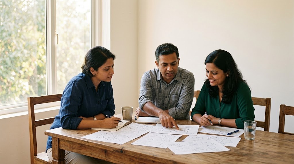 Three Indian co-founders in their thirties and forties discuss a plan written on paper at a wooden table in a plain meeting room (illustrative image)
