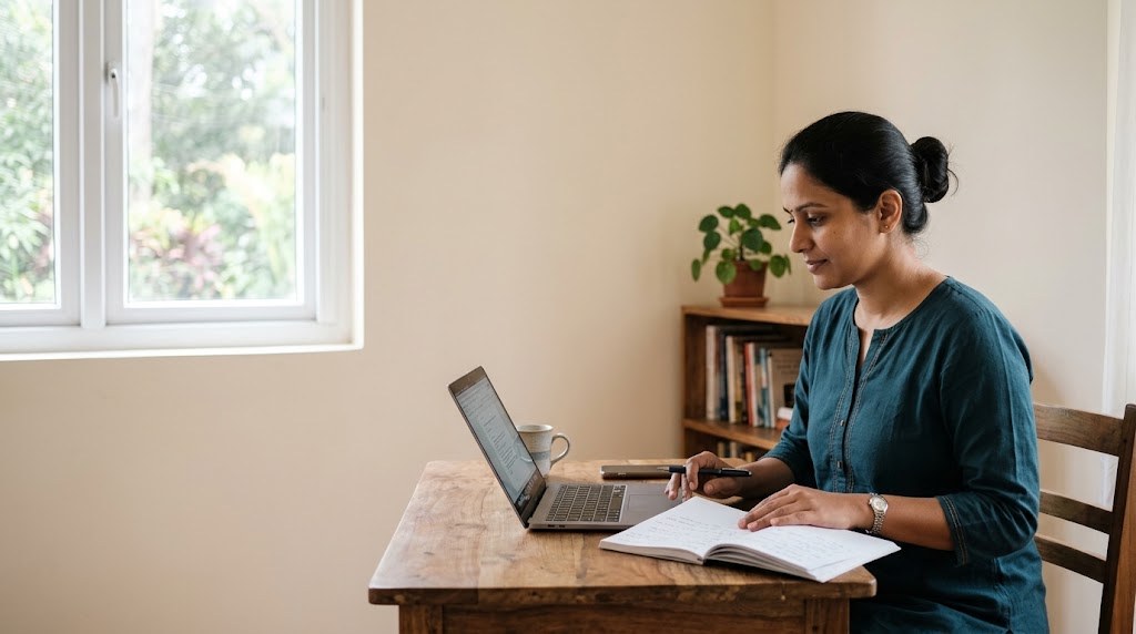 An Indian education founder in her thirties reviews school data on a laptop at a desk by a window in a quiet office (illustrative image)