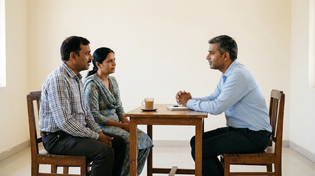A male education founder in his forties listens to two parents at a small table in a bright, simple community room in an Indian city (illustrative image)