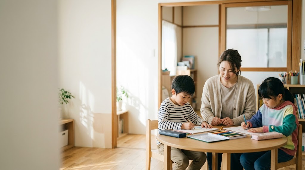 英会話教室の経営を考える教室長が、平日の昼前の教室で子ども二人と丸い机を囲む場面(イメージ)