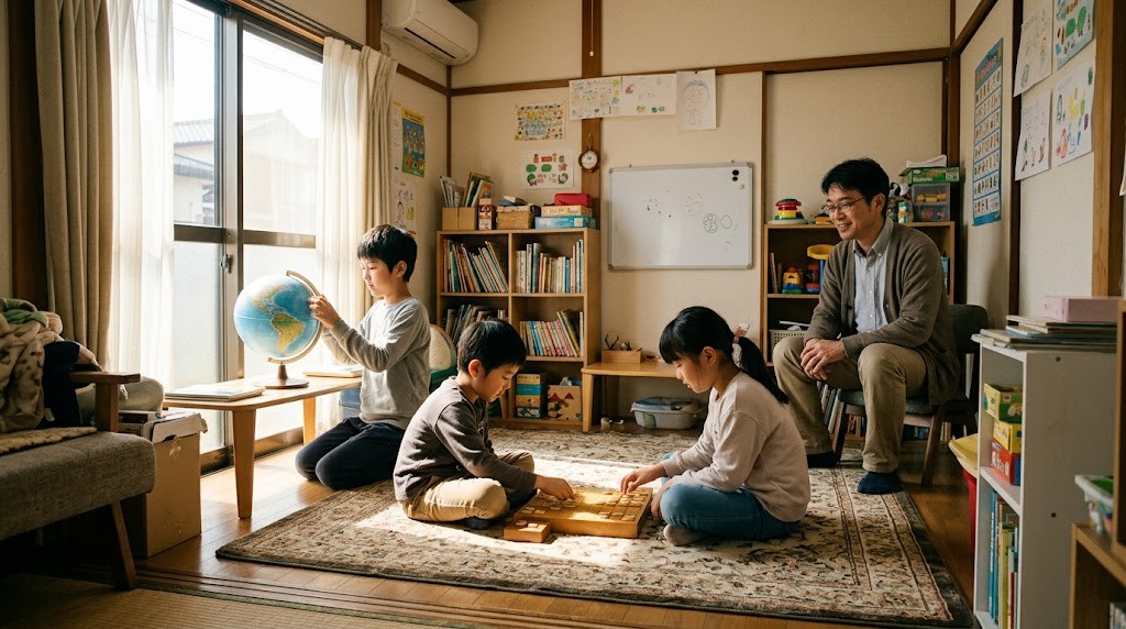英会話教室の経営の新しい柱として、平日の昼に教室をフリースクールとして開き、子どもが地球儀やボードゲームで過ごす場面(イメージ)