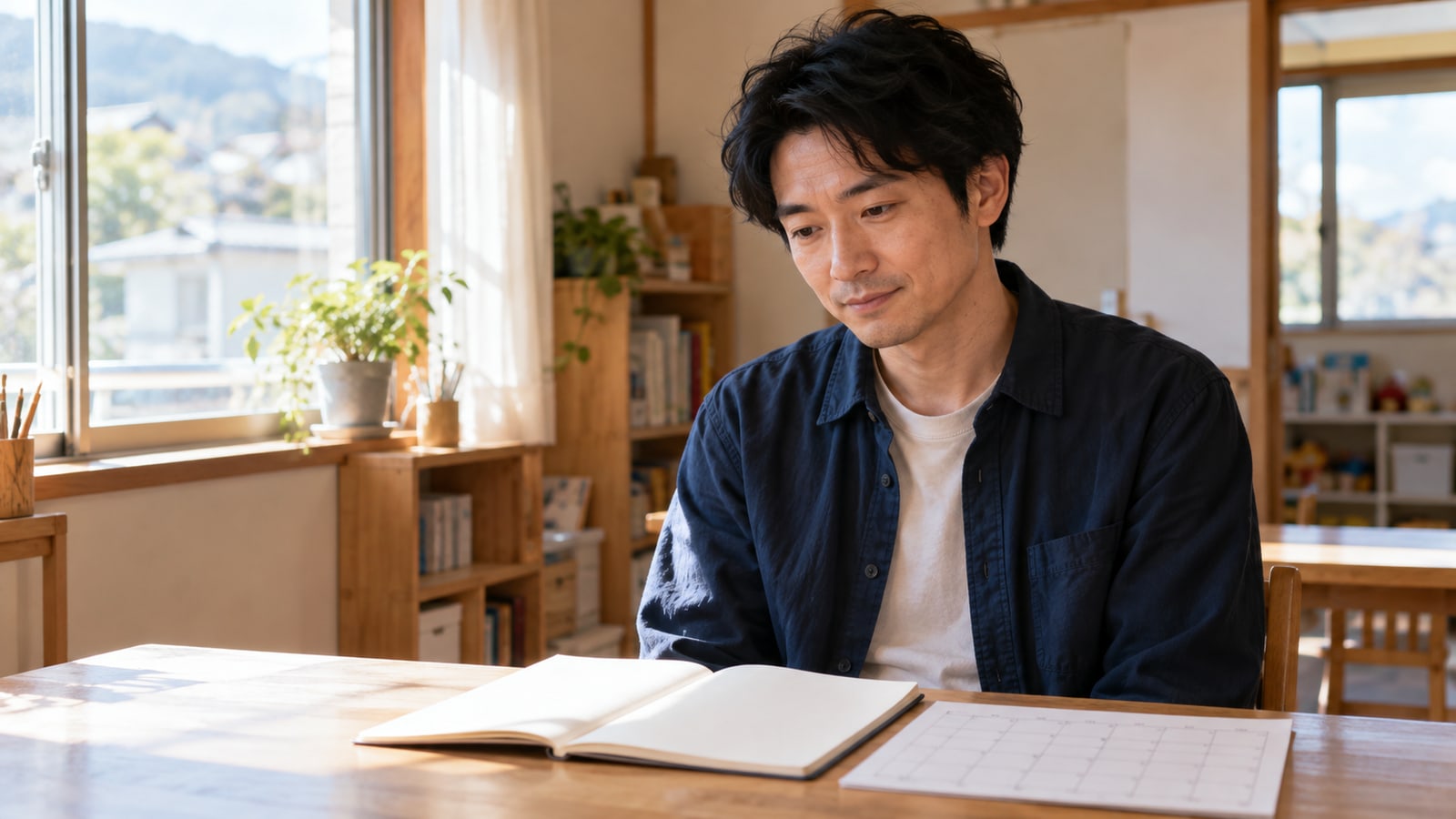 フリースクールの体験会後に、次回の準備をノートと予定表で振り返る教室運営者