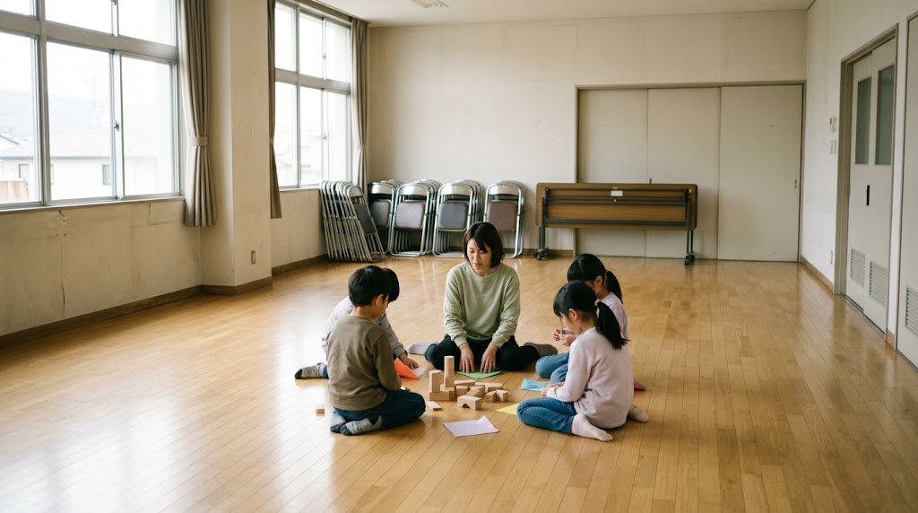 フリースクールの場所に公共施設の多目的室を使い、床に座って活動する子どもと大人(イメージ)