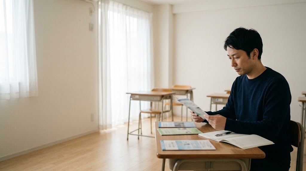 フリースクールのフランチャイズの資料を、小さな教室の机で読みくらべる主宰者の男性（イメージ）