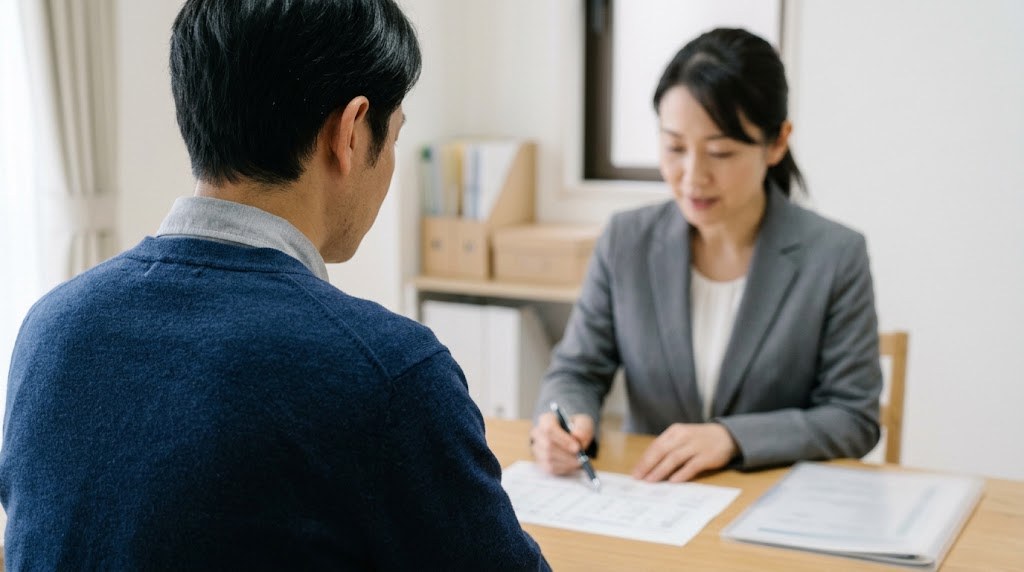 フリースクールの法人化について、事務所で専門家に相談する教室の主宰者の後ろ姿（イメージ）