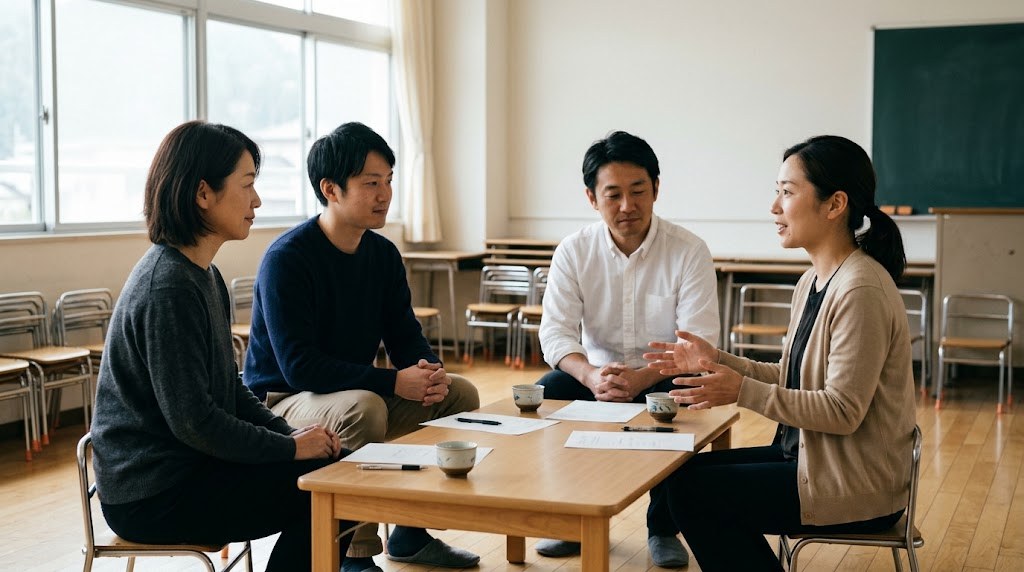 フリースクールをNPO法人にする準備で、教室の机を囲んで話し合う大人たち（イメージ）