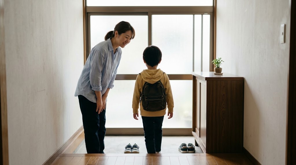 自宅で開くフリースクールの玄関で、やって来た子どもを迎える主宰者と子どもの後ろ姿（イメージ）