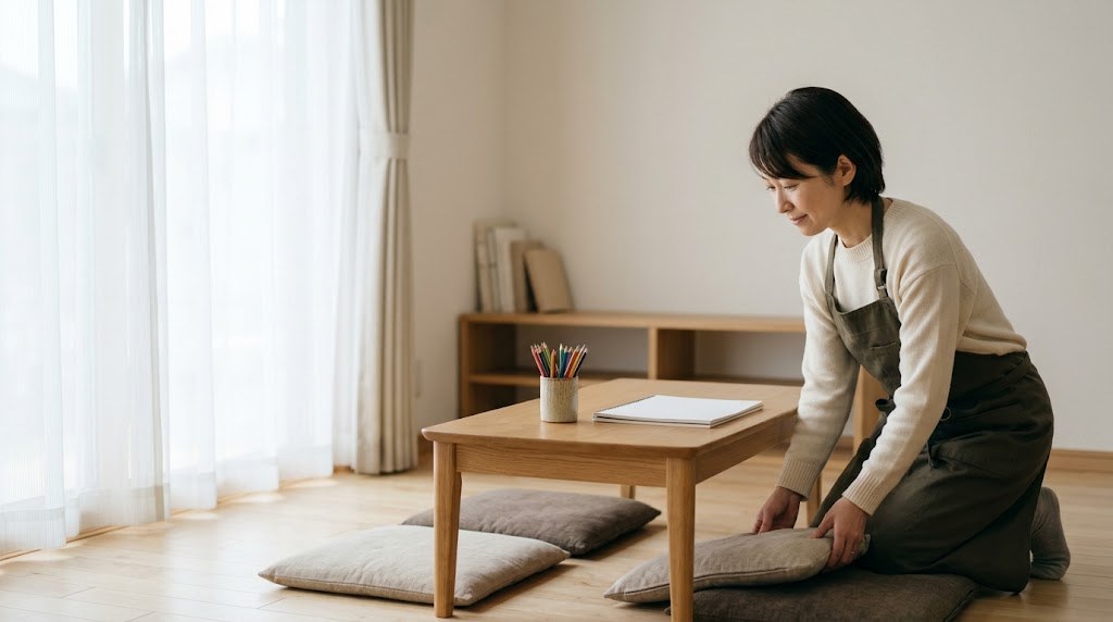 自宅でフリースクールを開業する朝、リビングの低いテーブルを整える主宰者の女性（イメージ）