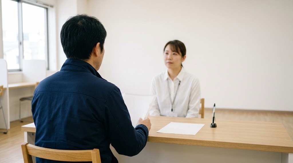 フリースクールの運営で使える補助金について、役所の窓口で担当者に相談する男性の後ろ姿（イメージ）