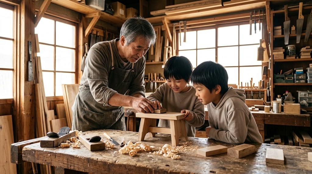 フリースクールの開業に資格より経験が生きる例として、大工の人が木工の作業場で子どもにいすの作り方を教える場面(イメージ)